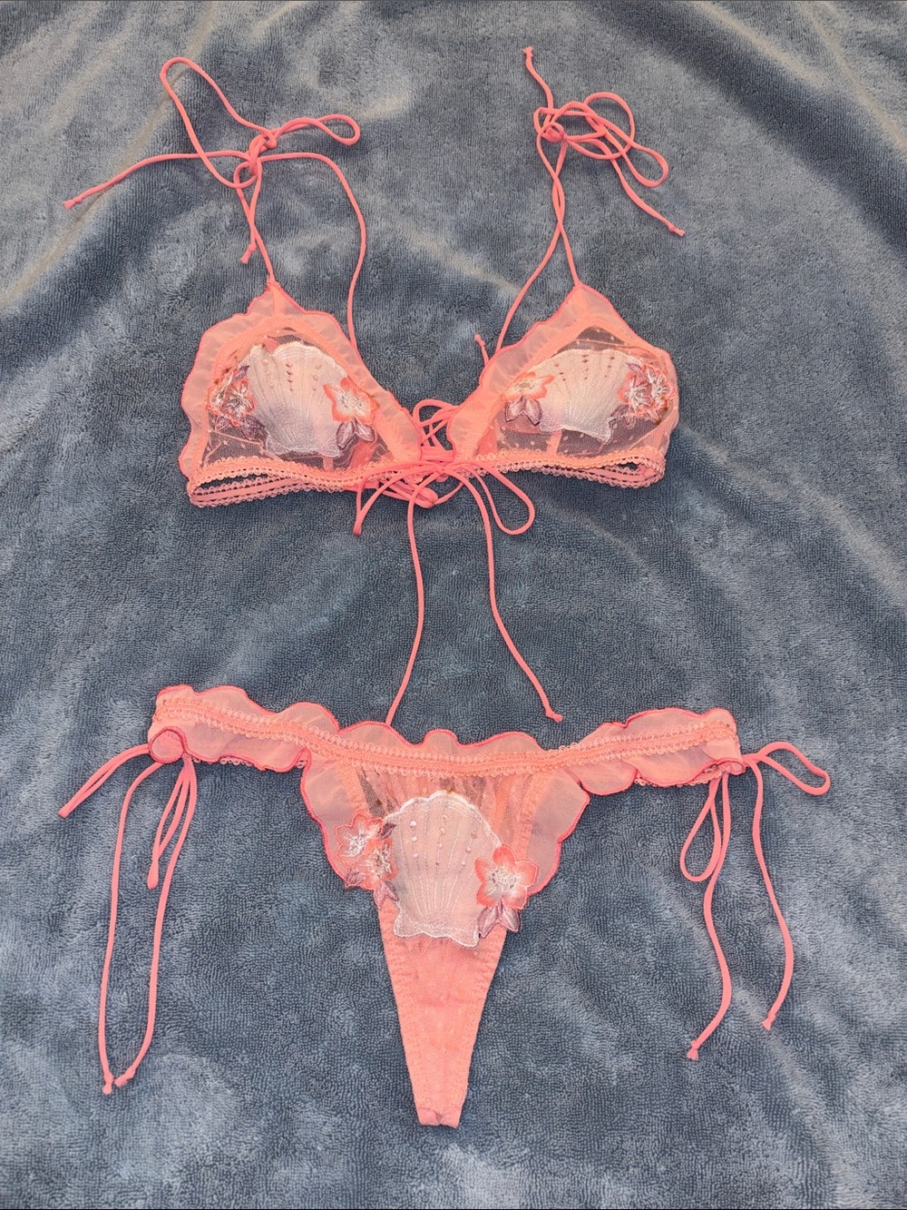 Coral Sheer Lace Bikini/Intimate Set with Shell Appliqués - for love and lemons